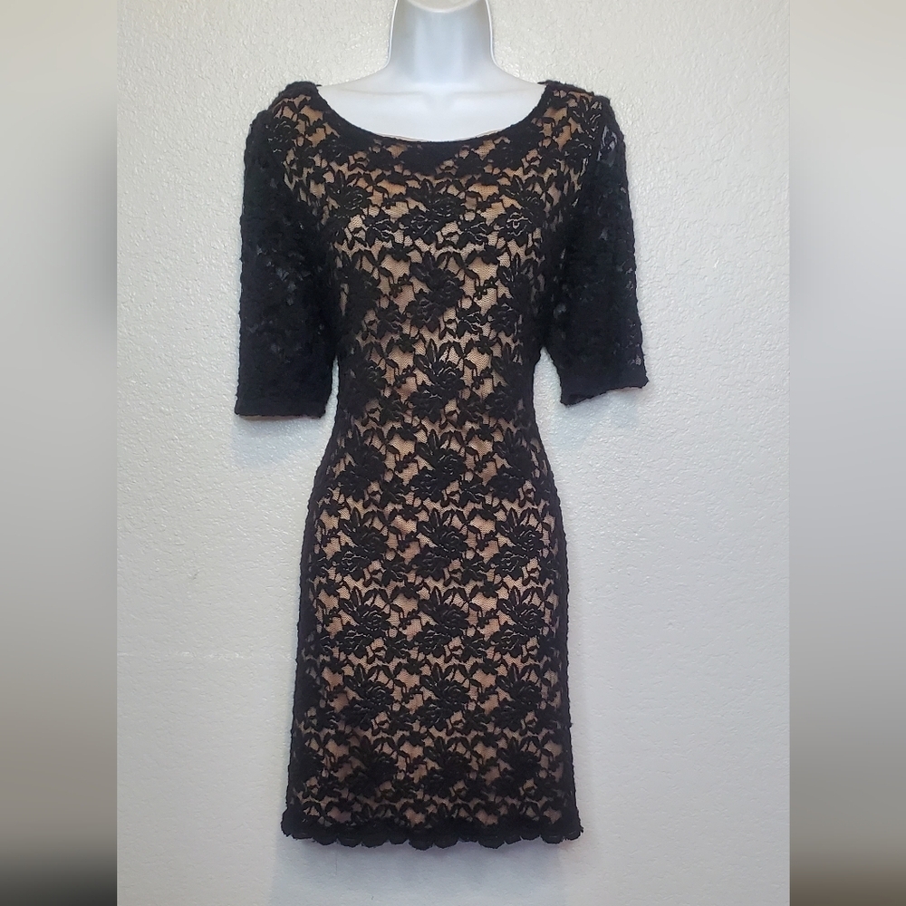 DKNY Black Lace Overlay Nude Sheath Mini Dress